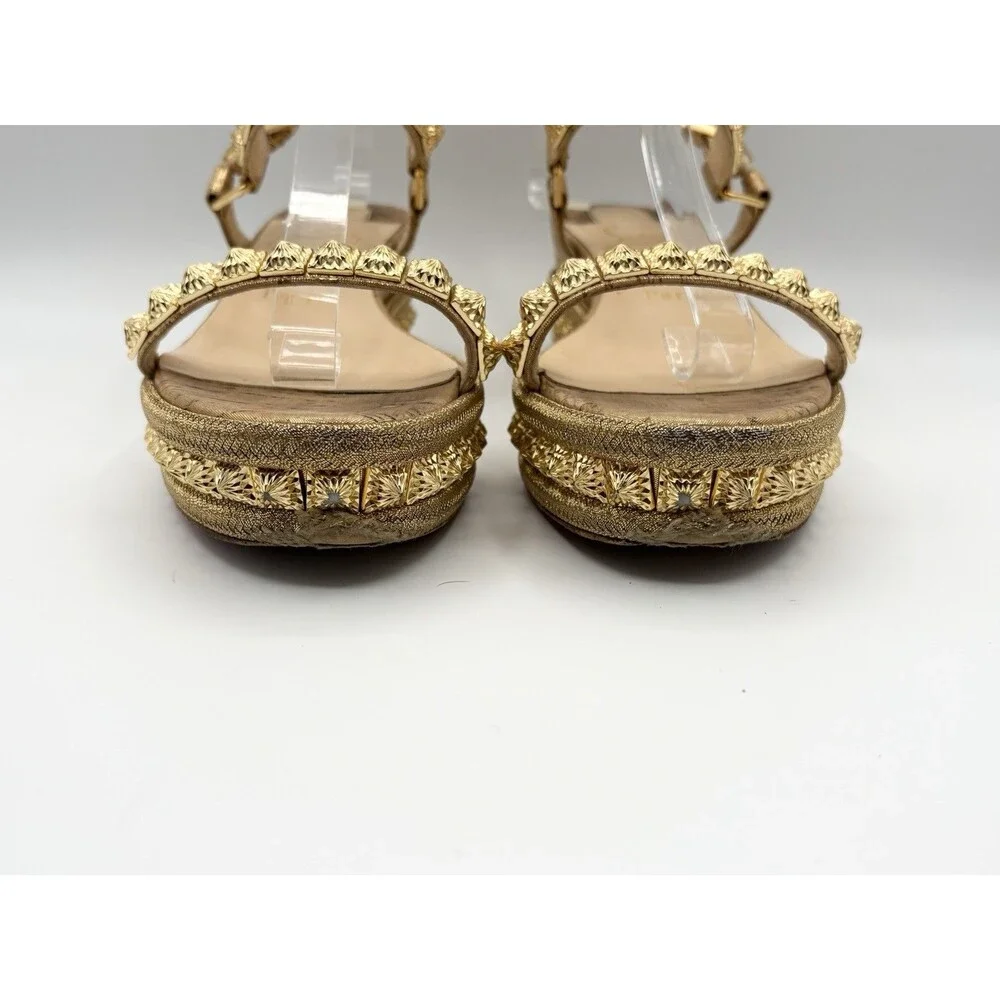 Christian Louboutin Gold Pyraclou 60 Spike Cork Wedge Espadrilles Size EU 38